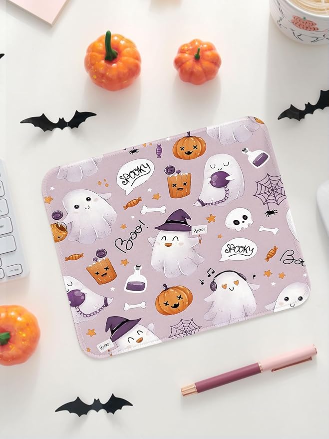 Seorsok Cute Ghost Mouse Mat,Halloween Pumpkin Decor Mouse Pads for Office Laptop,Washable Square Cute Mousepads with Extended Stitched Edges Non Slip Rubber Base 9.5"x7.8"x0.12" Inch,Purple