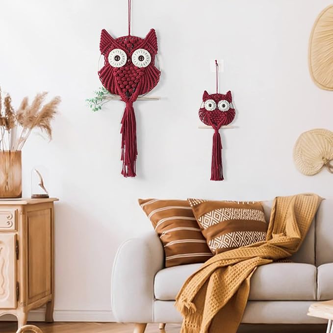 MVSUTA Owl Burgundy Cotton Handmade Macrame Wall Hanging Tapestry Home Decor Art and Red Craft Wonderful Decoration Woven Boho Ornament for Office Bedroom Apartment Living Nursery Gallery,2pcs set:1pc
