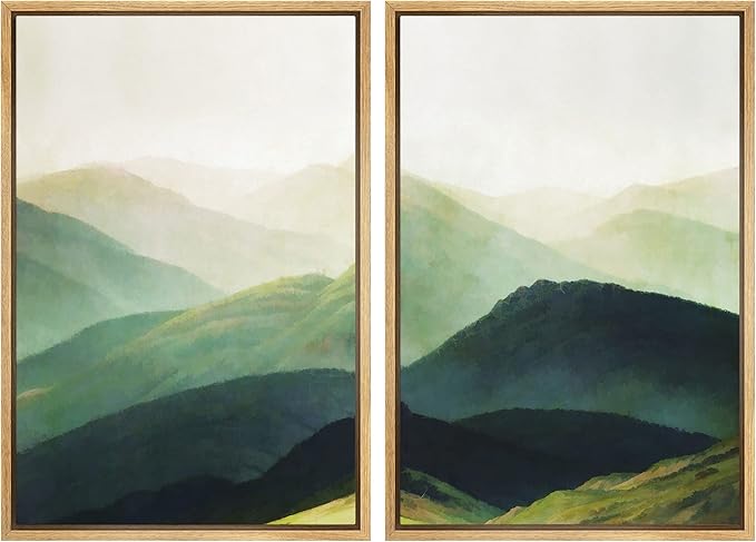 SIGNWIN Framed Canvas Print Wall Art Set Green Mountain Range Forest Landscape Nature Wilderness Digital Art Modern Art Floral Rustic Decorative for Living Room, Bedroom, Office - 16"x24"x2 Natural