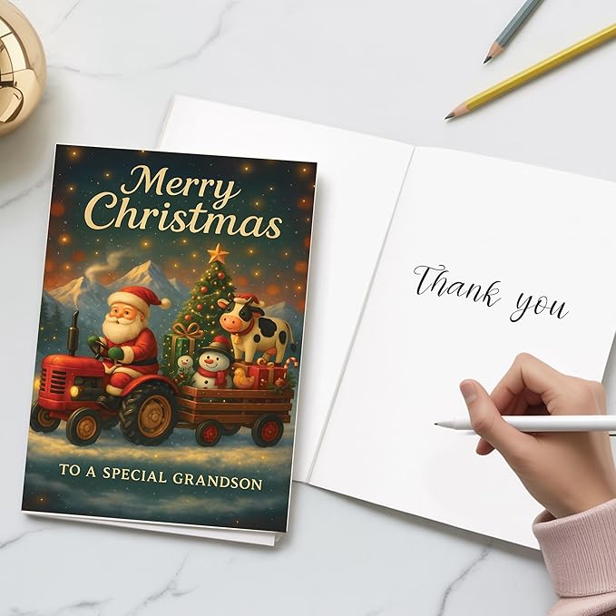 (5.3x8in) Merry Christmas to a Special Grandson Card, Santa on Tractor with Cow and Snowman, Farm-Themed Holiday Greeting Card with Christmas Tree and Gifts, Festive Card with Envelope (Xmas 42)