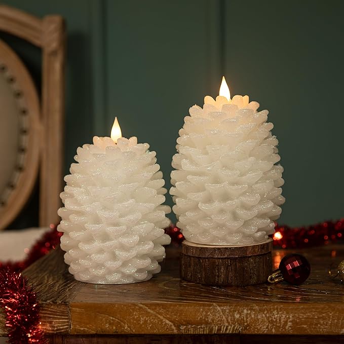 Pinecone Flameless Candles with Remote Timer, 2 Pack Real Wax Battery Operated LED Candles for Christmas Decorations, Rustic Holiday Table Centerpieces, Winter Home Décor White