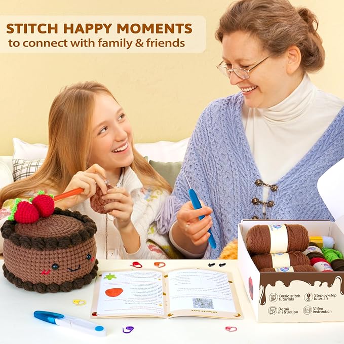 Crochetta Crochet Kit for Beginners, Crochet Starter Kit with Step-by-Step Video Tutorials, Crochet DIY Knitting Supplies for Adults Kids, Chocolate Strawberry Cake(40%+ Yarn)