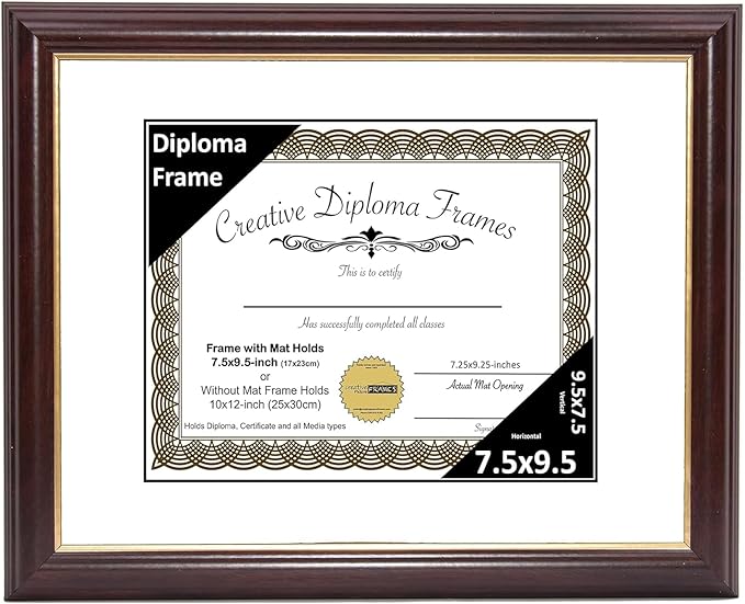 Creative Picture Frames 7.5x9.5 Mahogany Gold Rim Diploma Frame with White Mat Glass Easel and Installed Wall Hangers | Frame Holds 10x12 Media without Mat