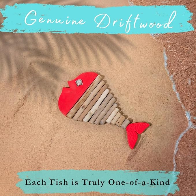 Mint Bucket Brands Driftwood Fish Nautical Wall Decor - 18" x 10" Handmade Wooden Rustic Coastal Wall Art for Living Room, Bedroom, Office, Bathroom - Ocean Beach Decoration (Ruby)