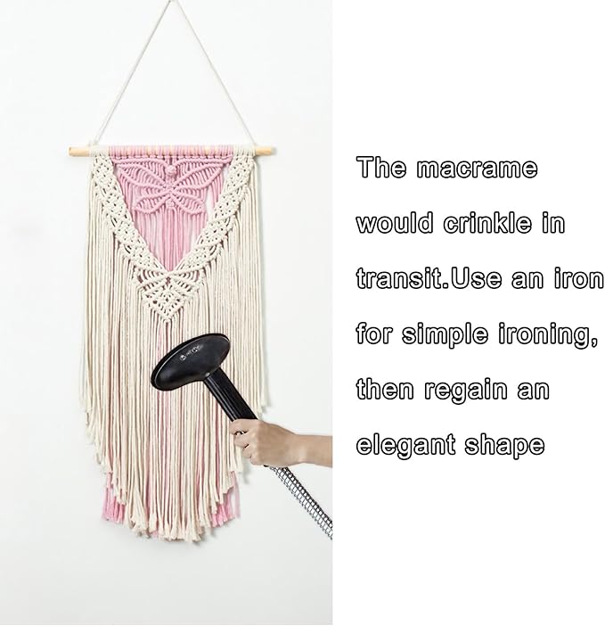 LB Macrame Wall Hanging, Pink Butterfly Tapestry Wall Hanging Decor Boho Art Wall Decor Bohemian Handmade Yarn Macrame Wall Art for Living Room Apartment Office Backdrop,13" W x 25.6" L