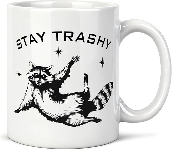 Funny Stay Trashy Raccoon Meme Mug 11 oz, Raccoon Lover Gifts Coffee Cups Ceramic, Humorous Trash Panda Ceramic Mug for Coffee Tea Hot Cocoa Home Office Work