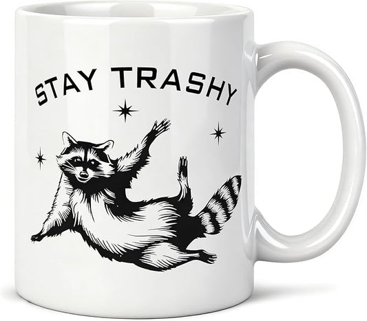Funny Stay Trashy Raccoon Meme Mug 11 oz, Raccoon Lover Gifts Coffee Cups Ceramic, Humorous Trash Panda Ceramic Mug for Coffee Tea Hot Cocoa Home Office Work