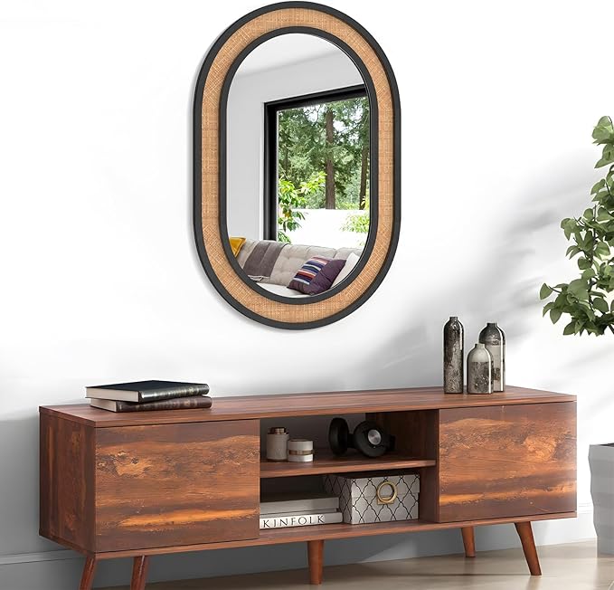 Rattan Wall Mirror with Wooden Framed Black Oval Bathroom Mirror 24 X 36 inch Farmhouse Wood Mirror for Modern Decorative Bathroom, Living Room, Entryway, Bedroom