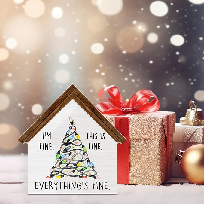 Funny Christmas Decorations, I'm Fine Everything Is Fine Christmas Lights House Shaped Wood Sign, Rustic Home Office Decor for Desk Table Shelf