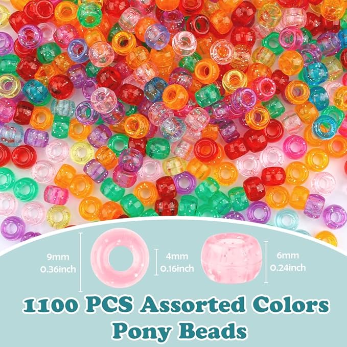 QPIXVB 1100pcs Hair Beads,Pony Beads for Bracelets Making,Colorful 4mm Clear Bead,Bulk Tiny Glitter Pony Bead for Jewelry Making,Necklace Keychain Charms Making Supplies,Crystal