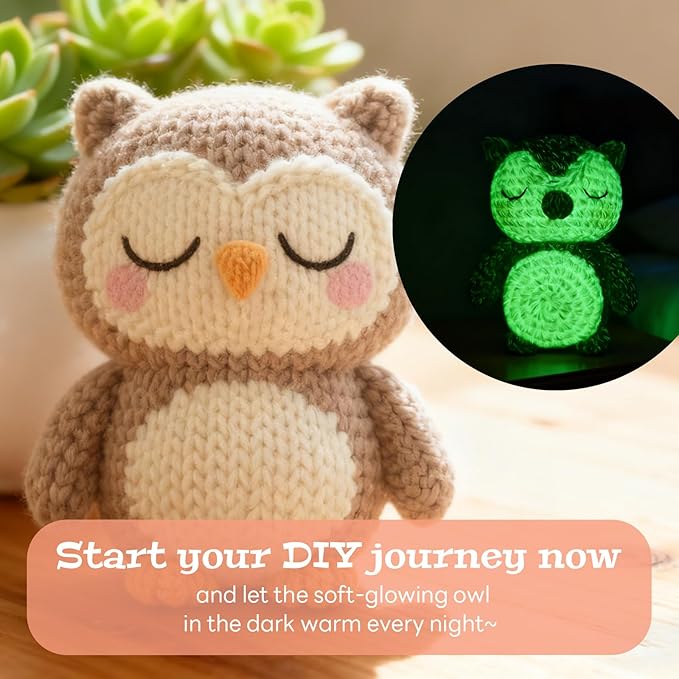bulingbuling Crochet Kit for Beginners, Glow in The Dark Crochet Kits owl, All You Need for Crocheting, Step-by-Step Video Tutorials, Instruction, Surprise Holiday Birthday Gift for Adults, Teens