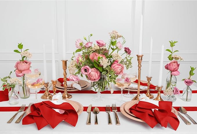 Solino Home Linen Table Runner 72 Inches Long - 100% Pure Linen Red and White Dining Table Runner 14 x 72 Inch for Valentines, Winter - Contempo