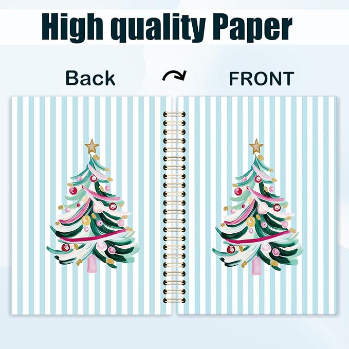 Pastel Christmas Tree Spiral Notebook, Christmas Aesthetic Journal for School Office Supplies, Preppy Xmas Blue Striped Winter Holiday Hardcover Journal 5.5x8.3 Inch