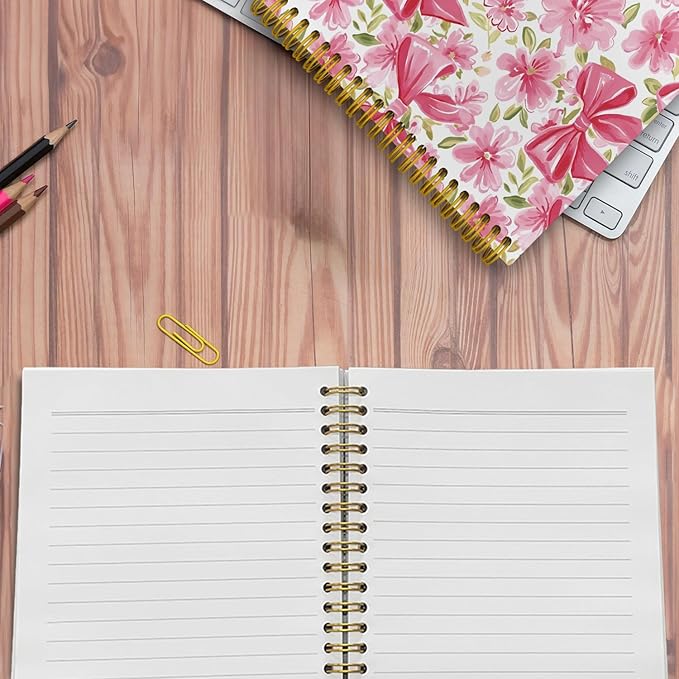 Coquette Pink Bow Floral Spiral Notebook For Women, Maximalist Journaling Notebooks, Cute Pink Notebook Journal, Pink Office Supplies, Hardcover Spiral Lined Notebook 5.5 x 8.3