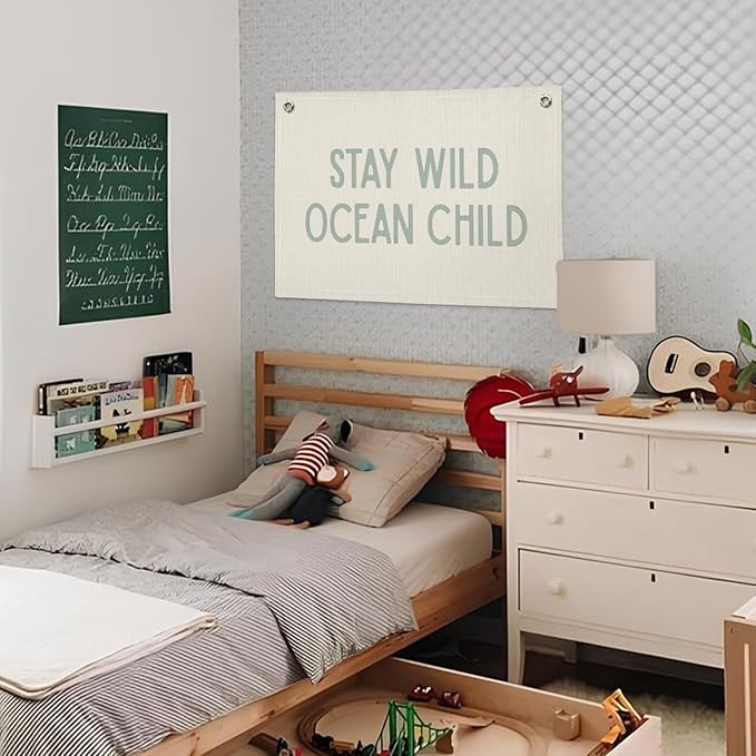 Nursery Wall Decor, Ocean Theme Classroom Decor, Ocean Nursery Decor, Stay Wild Ocean Child Linen Canvas Banner Wall Hanging Flag, Surf Decor, Surfer Girls Boys Room Decor 20x30