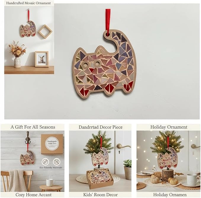 TATREBCRE DIY Mosaic Kit for Adults & Kids – Feather, Bird, Cat & Heart Designs – Christmas Gift Arts and Crafts Kit with Grout & Tools – Easy Mosaic Craft for Beginners (Cat)