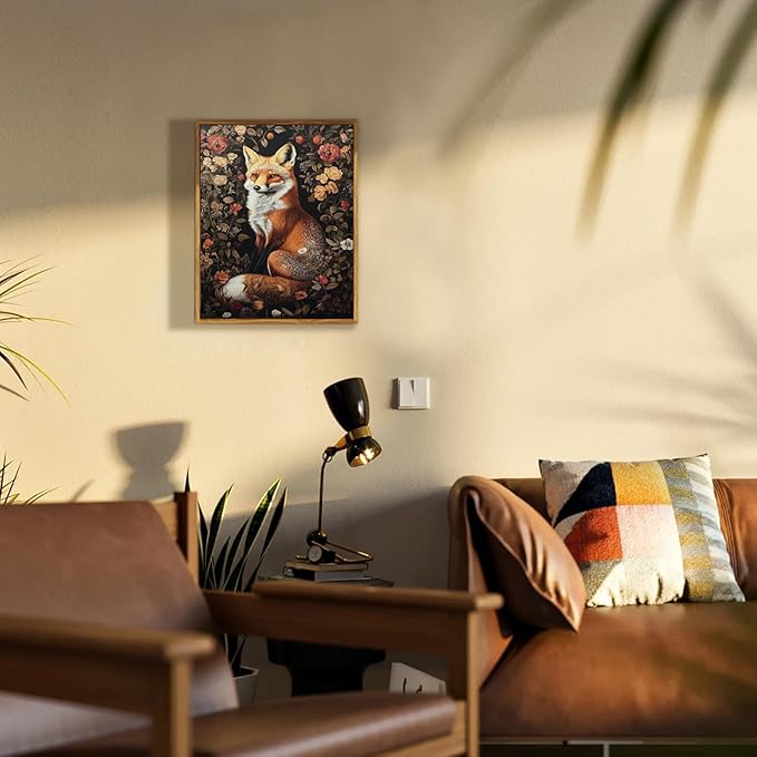 Framed Vintage Wall Art, Boho Canvas Wall Art, Dark Flowers Pictures, Nature Botanical Wall Decor, Fox Animal Paintings Prints, for Living Room Bedroom Home Decor 12x16in