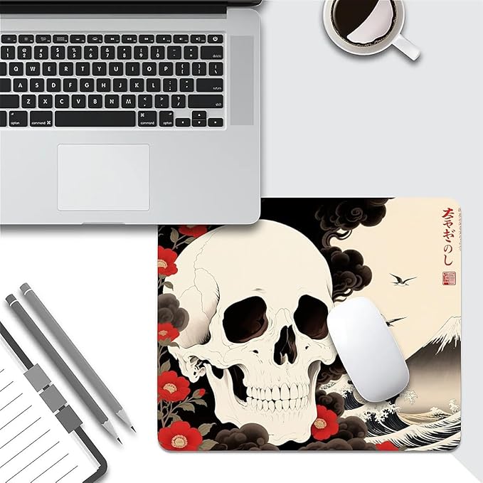 Square Mouse Pad Waves and Skulls, Personalized Premium-Textured Custom Mouse Mat Design, Washable Mousepad Cloth, Non-Slip Rubber Base Computer Mouse Pads for Wireless Mouse