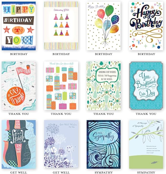 Designer Papers All-Occasion Greeting Card Boxed Assortment (24 Cards with Envelopes) Multicolor Striped Organizer Box – Birthday, Thank You, Get Well, Sympathy, Wedding, New Baby and Congratulations