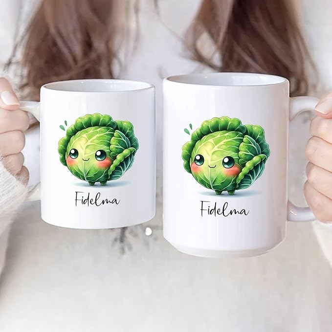Cabbage Coffee Mug Gifts For Vegetable Lovers, Custom Cabbage Fans Ceramic Cup With Name, Personalized Cabbage Vegetable Travel Cups For Kids Friends Family, Cabbage White Porcelain Mug 11oz 15oz