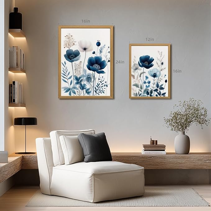 LLEEMPI Navy Blue Floral Wall Art Set of 3, Modern Wildflower Wall Decor, Watercolor Botanical Canvas Paintings, Classic Minimalist Poster Prints for Bedroom Bathroom Office Wood Framed 12x16 Inch