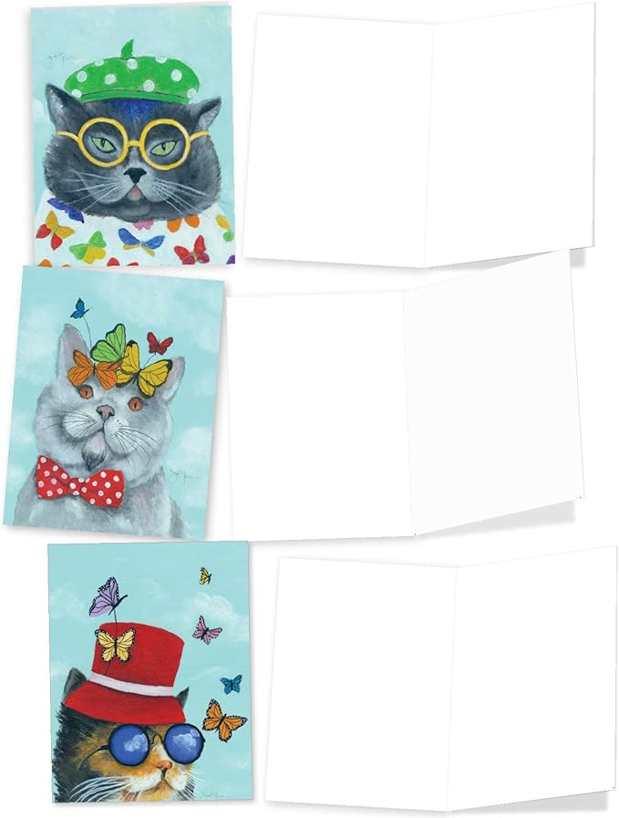 The Best Card Company 20 Assorted Blank Notes Bulk Box Set 4 x 5.12 Inch with Envelopes (10 Designs, 2 Each) Butterfly Cats AM7375OCB-B2x10