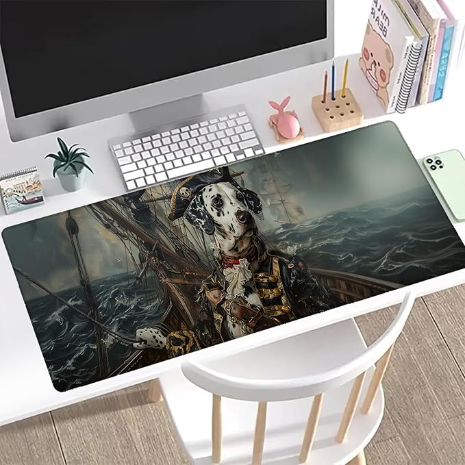 Pirate Dalmatian Gaming Mouse Pad, Office Desk Mat, Anti-Slip Rubber Base Cool Aesthetic Mouse Pads for Computer Laptop Keyboard School Home Desktop Gamer Home Accessories Decor 31.5" x 11.8"