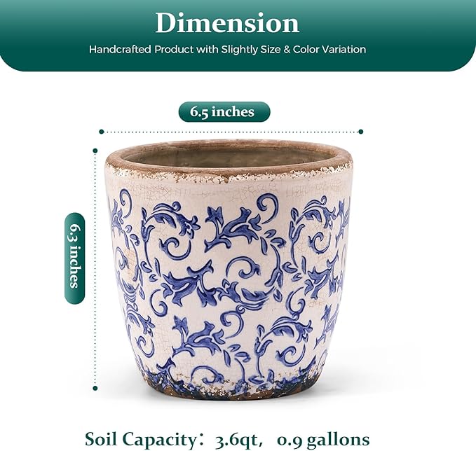 Vintage Ceramic Planter with Drainage Hole, Plastic Tray & Mesh, 6.5 Inch - Indoor/Outdoor Flower Pot, Blue Floral Rustic Farmhouse Design Plant pot for Home, Office & Garden Décor, Ideal Gift