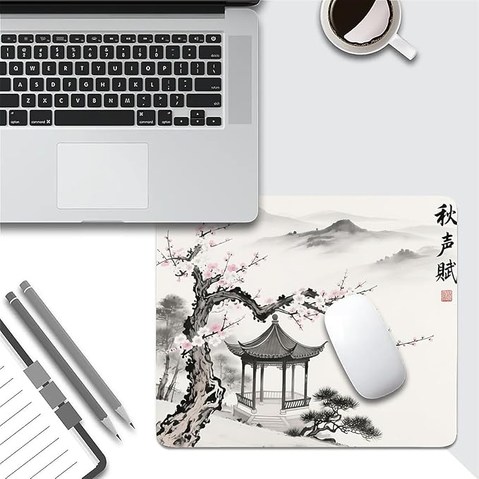 Square Mouse Pad China Ink Landscape, Personalized Premium-Textured Custom Mouse Mat Design, Washable Mousepad Cloth, Non-Slip Rubber Base Computer Mouse Pads for Wireless Mouse