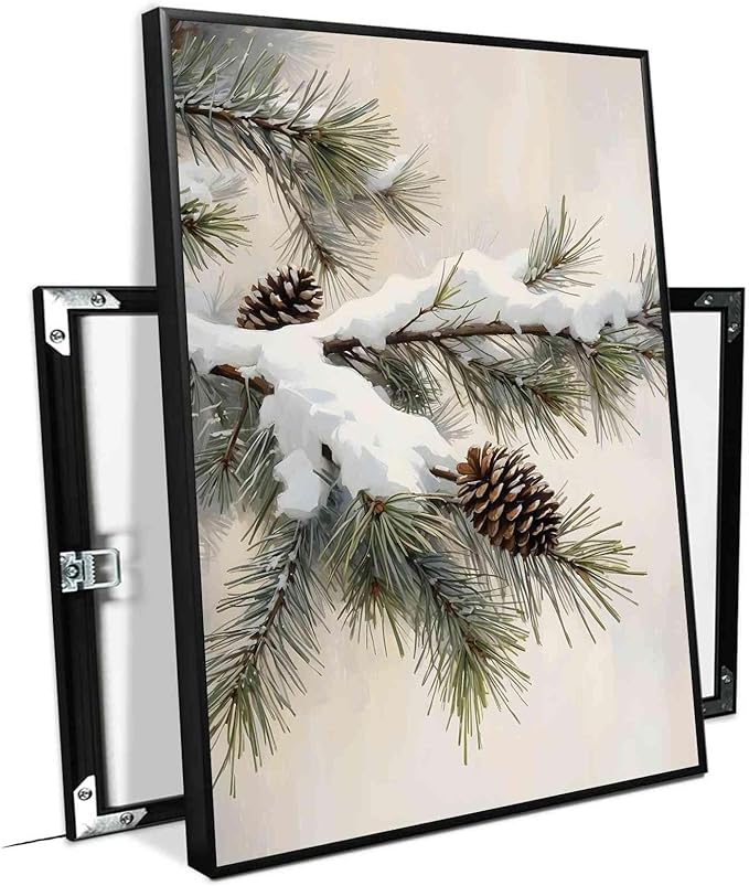 Framed Canvas Wall Art Snowy Fir Branch with Pinecones Vintage Winter Botanical Art Rustic Cottagecore Nature Decor Christmas Wall Print 20x30in Metal blackFramed