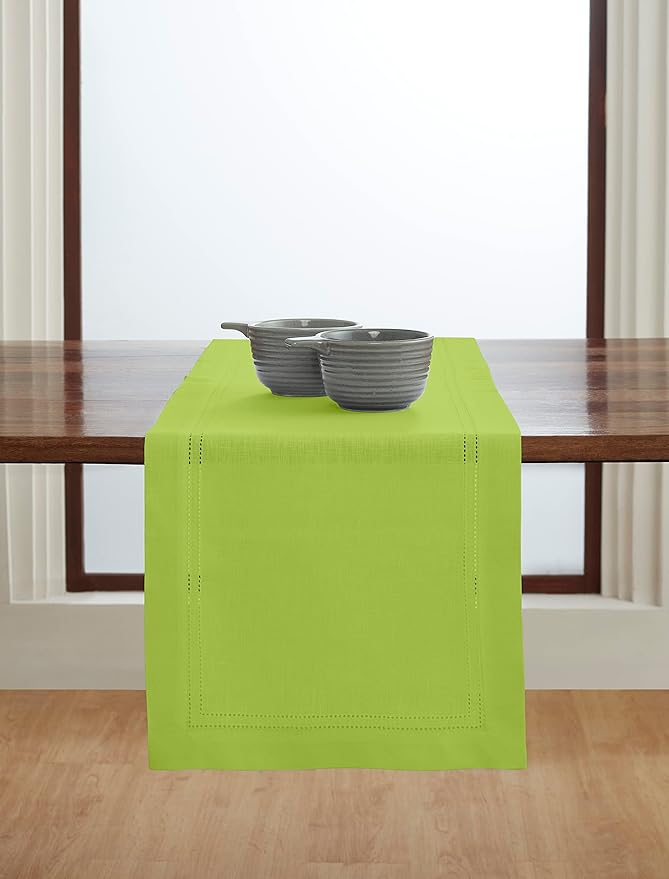 Solino Home Linen Lime Green Table Runner 120 Inches Long - 100% Pure Linen 14 x 120 Inch Table Runner for Spring, St Patricks Day - Double Hemstitch