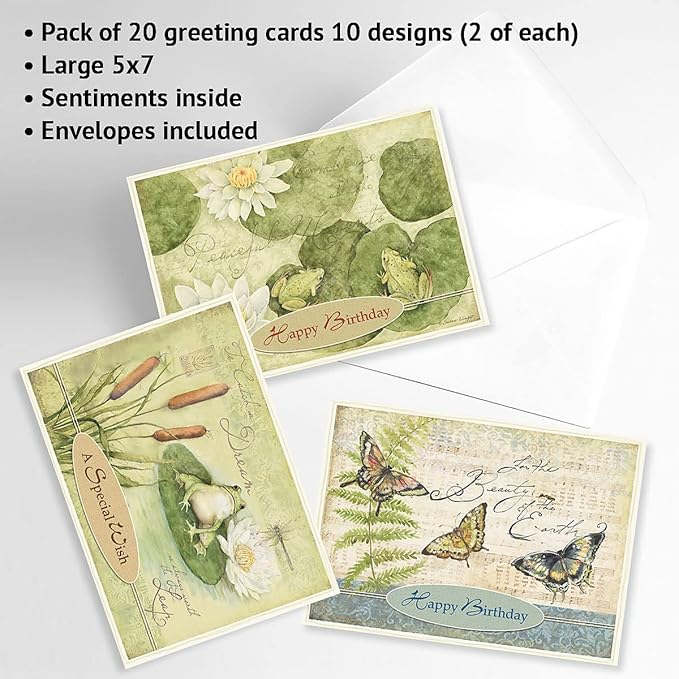 Current Nature's Sanctuary Happy Birthday Greeting Card Set - Value Pack of 20 Cards With White Envelopes, 10 Designs, Large 5" x 7" Assortment