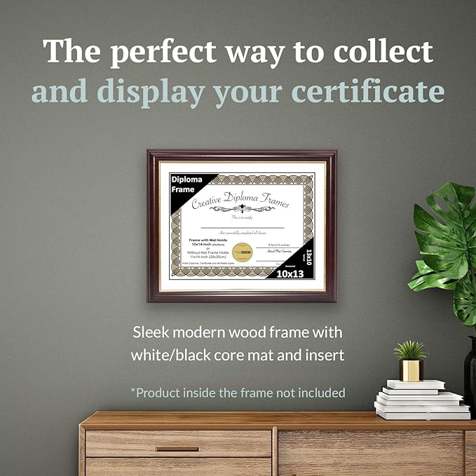 Creative Picture Frames 10x13 Mahogany Gold Rim Diploma Frame with White Mat Glass Easel and Installed Wall Hangers | Frame Holds 11x14 Media without Mat