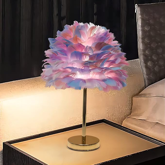 ZYLEIESENBAO Colorful Feather Lamp Creative Teen Feather Table Lamp Romantic Cute Girl Bedside Lamp Nightstand Light Pretty Fluffy Desk Lamp for Wedding Deco Bedroom Living Room Entryway Hotel