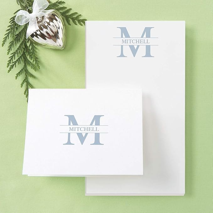 Personalized Blue Front & Center Initial Monogram Note Card Set - 24 Cards with White Envelopes, 4¼ x 5½ Inch Size, Blank Inside, Add a Name and Initial, For Thank You Notes, or Graduation Gifts