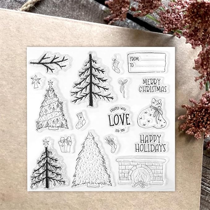 Christmas Tree Fireplace Stamps and Cutting Dies for Card Making DIY Transparent Silicone Clear Stamp and Metal Die Cuts Sets for Scrapbooking Paper Greeting Cards Decor Seals Craft Supplies