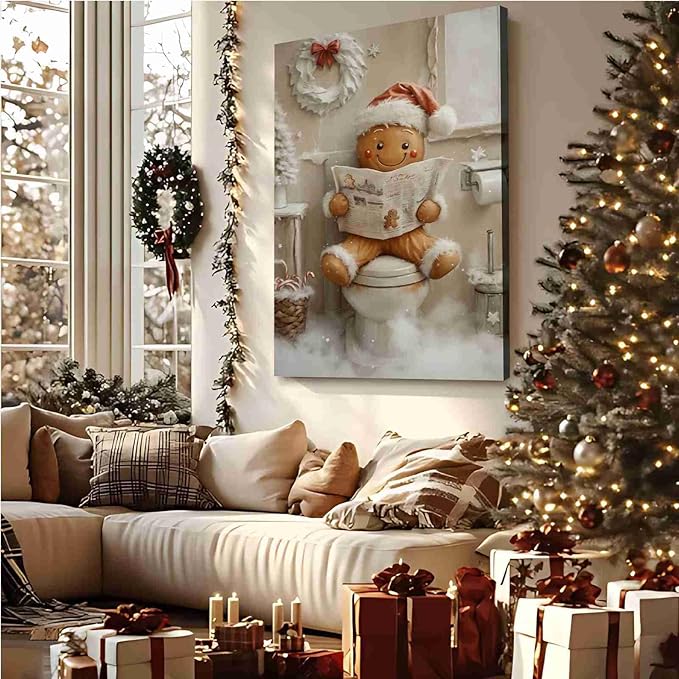 Christmas Bathroom Canvas Painting Gingerbread Man Holiday Print Santa Hat Cookie Character Wall Art Vintage Rural Art Winter print Indoor Decor for Bathroom Living Room Funny Framed Ready to Hang