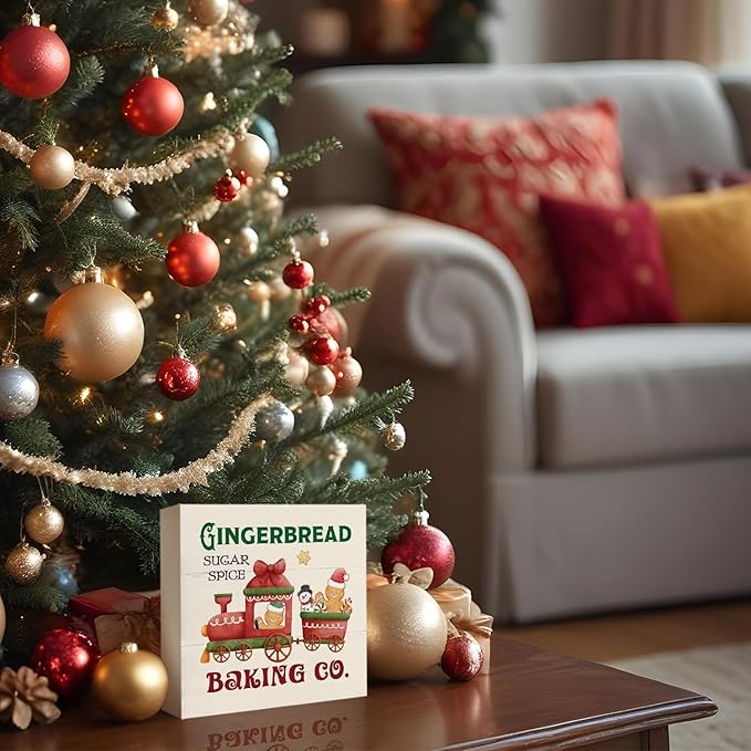 Gingerbread Christmas Decor Wooden Box Sign,Gingerbread Decorations for Kitchen, Christmas Decorations for Home Shelf Office Desk Decor,Holiday Gifts for Women 5x5