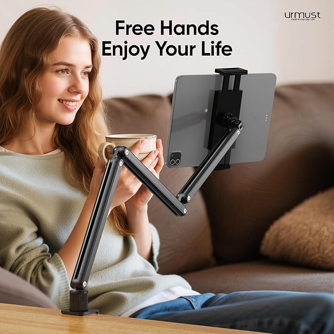 Urmust Tablet Stand for Desk, Adjustable iPad Holder Clamp Mount, 360° Rotation, Sturdy Aluminum Tablet Arm Mount for 4.7"-15.6" iPad Pro/Air/Mini, iPhone, Galaxy Tab, for Kitchen, Work, Video Call
