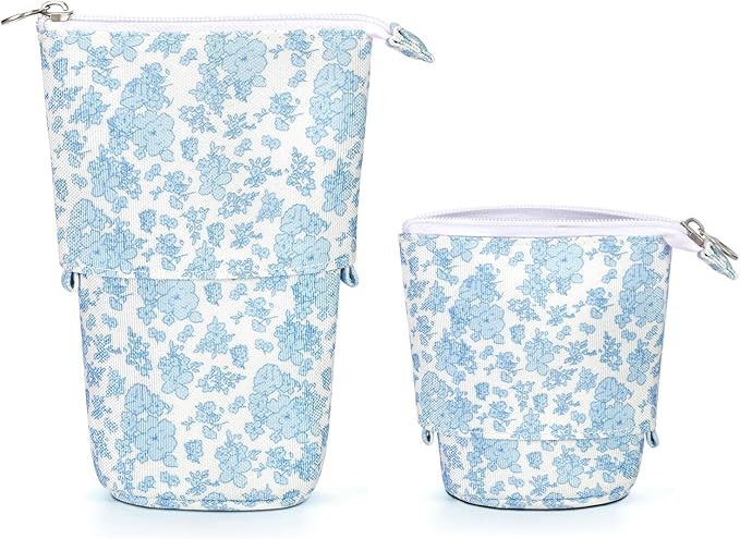 Cute Standing Pencil Case Pen Holder for Kids, Pop Up Stand UP Bubble Tea Pen Organizer Kawaii Stationary for Christmas Holiday New Year Office (Blue flowers)