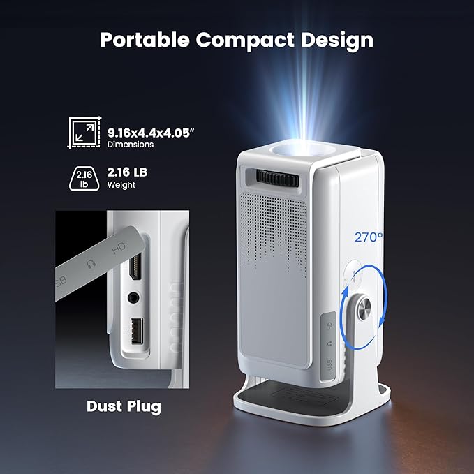 Mini 4K Projector with Wifi and Bluetooth, 1080P Full HD Smart Outdoor Portable Movie Small Projector with 270°Rotatable Stand, Android 13 OS, Auto Keystone, Support Big Screen for Home Bedroom
