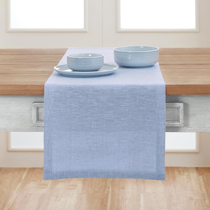 Solino Home Linen Table Runner 108 Inches Long - Athena, 100% Pure Linen Chambray Blue Table Runner 14 x 108 Inch for Dining, Winter, Spring, Easter