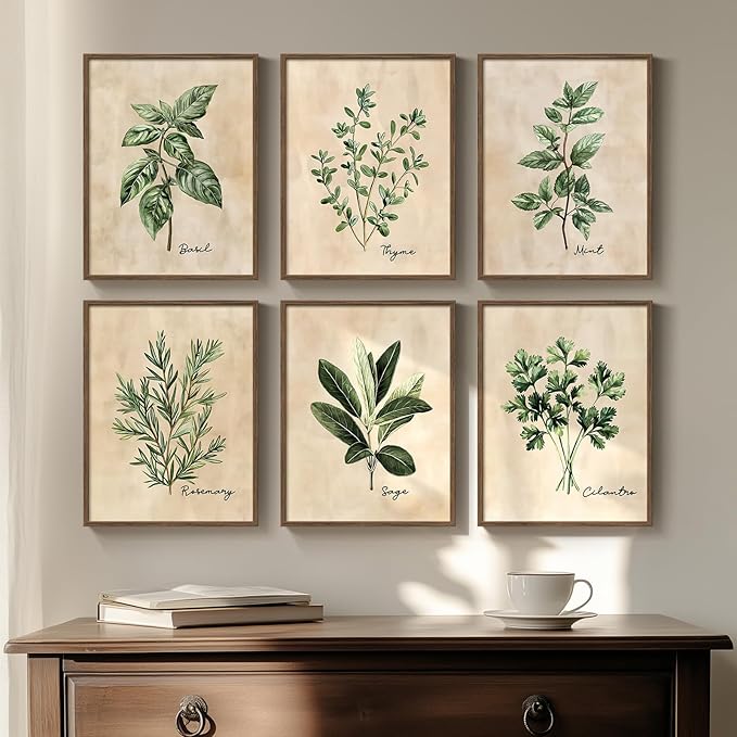 Framed Sage Green Botanical Wall Art for Kitchen, Set of 6 Rustic Herb Canvas Prints Artwork for Modern Farmhouse Walls, Herbs Spices Plant Leaf Pictures for Dining Room Living Room Bedroom Wall Decor