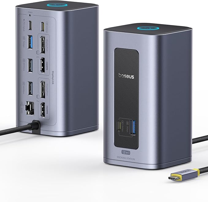 Baseus Docking Station Dual Monitor for macOS/Win, Nomos Mac Air(12 in 1) Laptop Dock Station with 4K HDMI, 10Gbps USB Ports, 1Gbps Ethernet, PD 100W(No Power Adapter)
