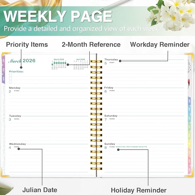GuassLee Large Planner 2026, Weekly and Monthly Planner from January 2026-December 2026, 8.8"x11.4" Aesthetic Agenda Book with Back Pocket, Stickers, Coated Tabs, A4 Size