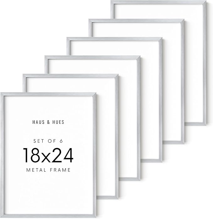 HAUS AND HUES 18x24 Silver Metal Picture Frames - Premium Aluminum with Vertical & Horizontal Hanging, Shatterproof Plexiglass - Perfect for Home or Office (18x24 in, Silver, Set of 6)