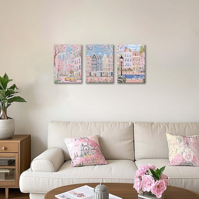 XLARTMY Watercolor City Landscape Travel Wall Art Canvas Framed Pink Cherry Flower Poster Girly Prints Painting Pictures Set of 3 for Bedroom Living Room Office 12x16in