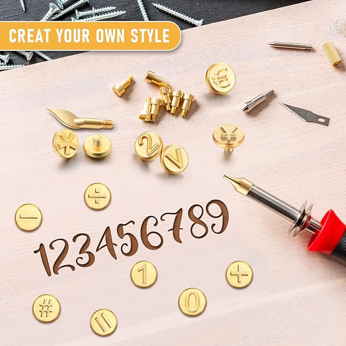 Honoson 28 Pieces Wood Burning Number Tips Stamps Kit Tool, Numbers and Symbol Copper Mold Carving Set for DIY Embossing Carve Crafts Wooden Burning Stencil Kits Hobby Woodworking Tools