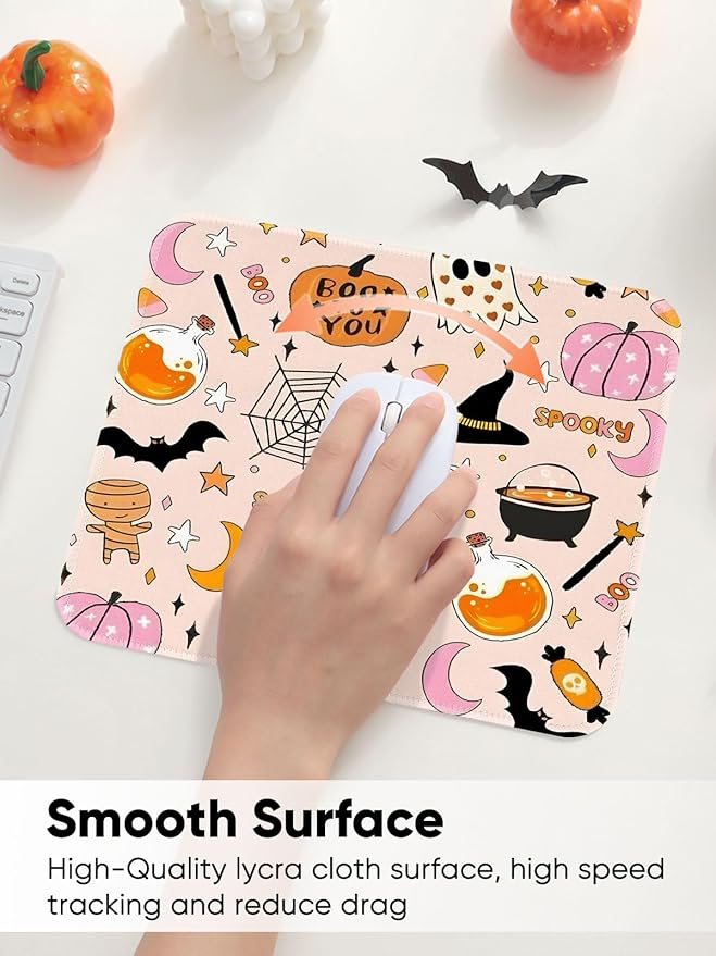 Seorsok Cute Ghost Mouse Mat,Halloween Pumpkin Decor Mouse Pads for Office Laptop,Washable Square Cute Mousepads with Extended Stitched Edges Non Slip Rubber Base 9.5"x7.8"x0.12" Inch,Pink