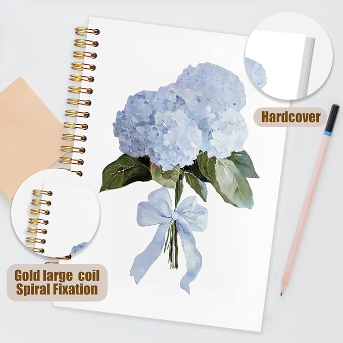 Coquette Bow Blue Hydrangea Notebook,Hydrangea Gifts, Aesthetic Hydrangea Flower Spiral Notebook Journal for Note Taking, Coquette Girly Office Supplies, 5.5x8.3 Inch